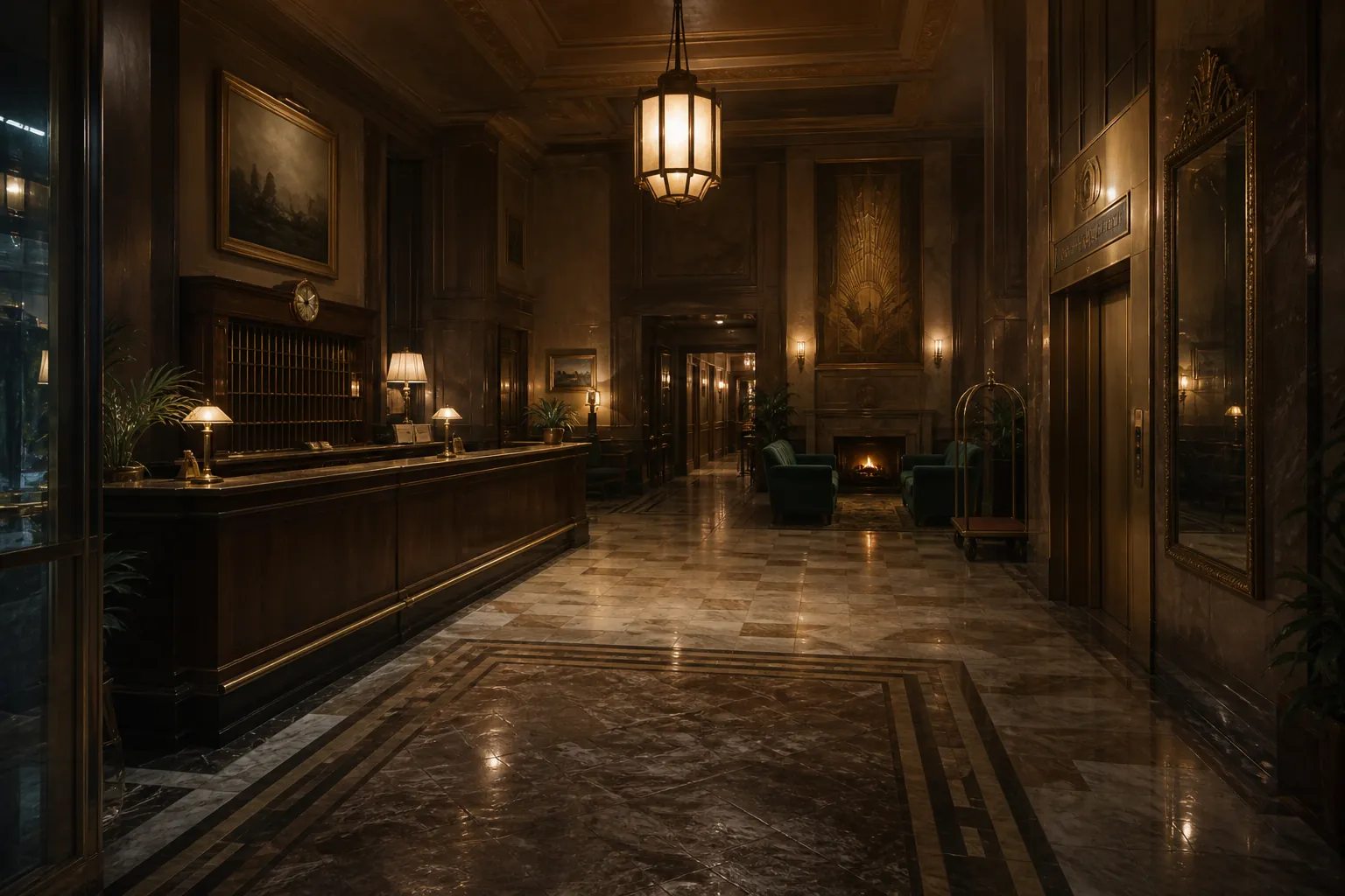 Illustration of the Grand Astoria hotel lobby