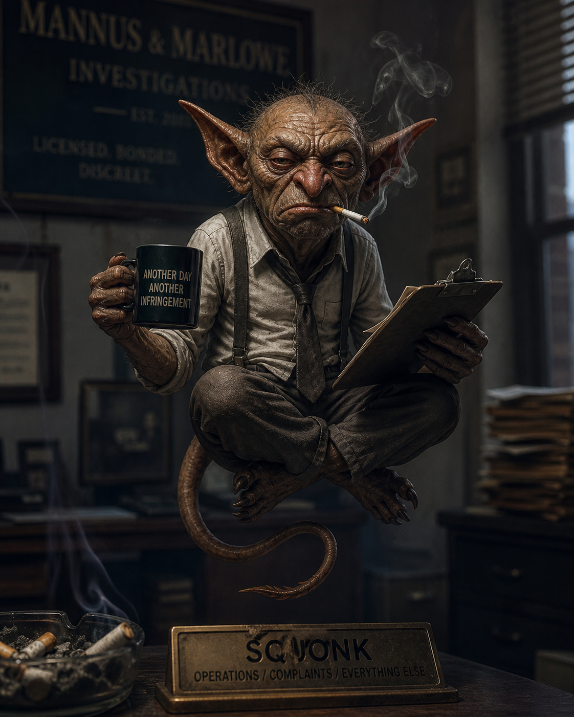 Sqounk, a floating imp in shirt and tie, holding a mug that reads 'Another Day Another Infringement'