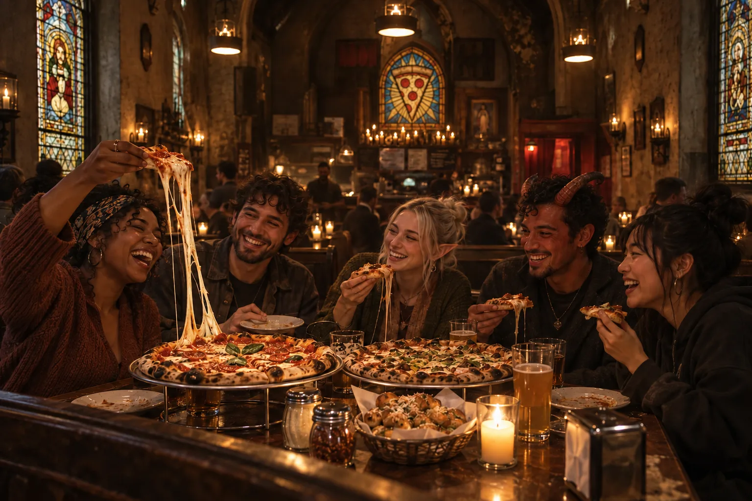 A diverse group of customers laughing over pizza and an enormous mozzarella cheese pull