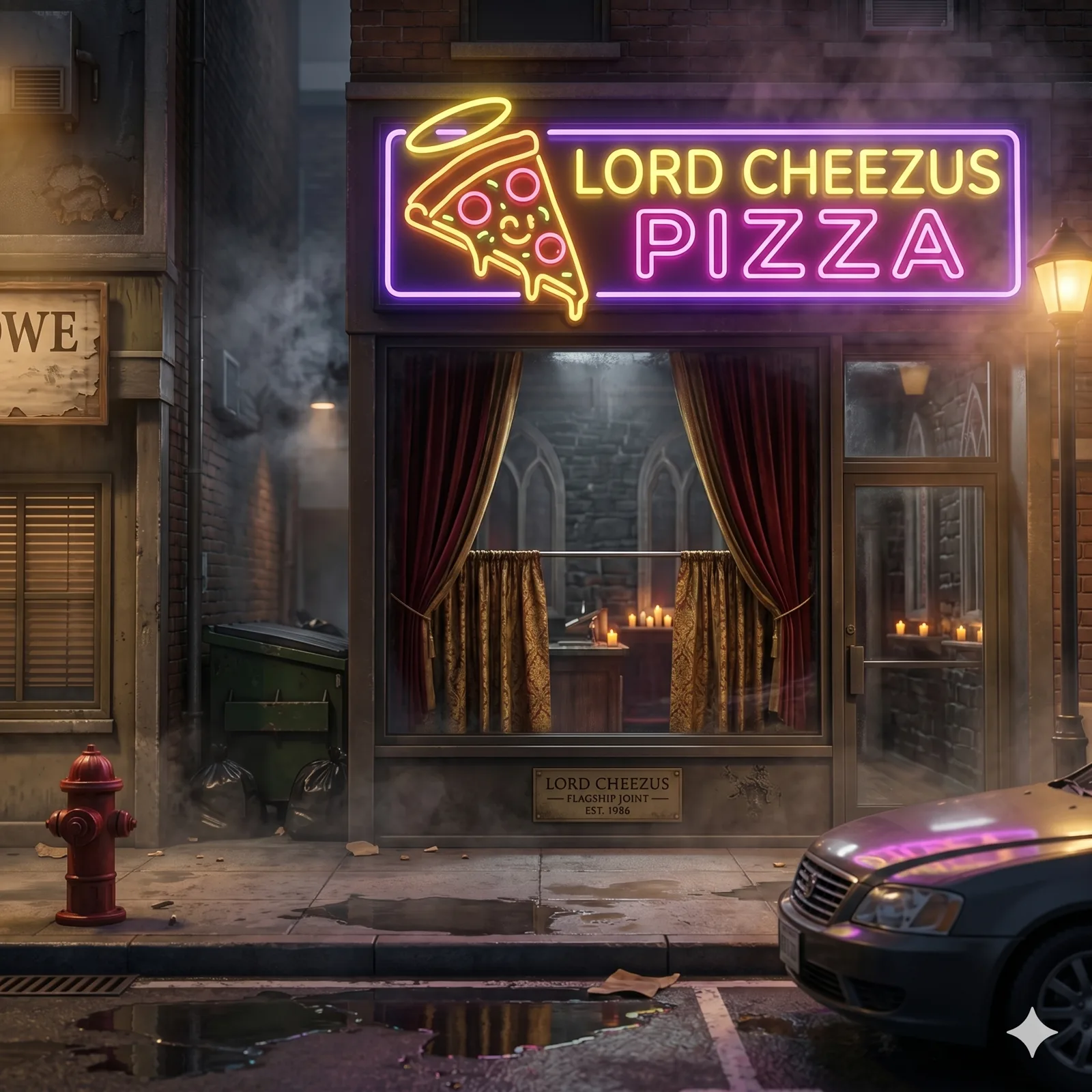 The neon-lit Lord Cheezus Pizza storefront on a wet Brooklyn street