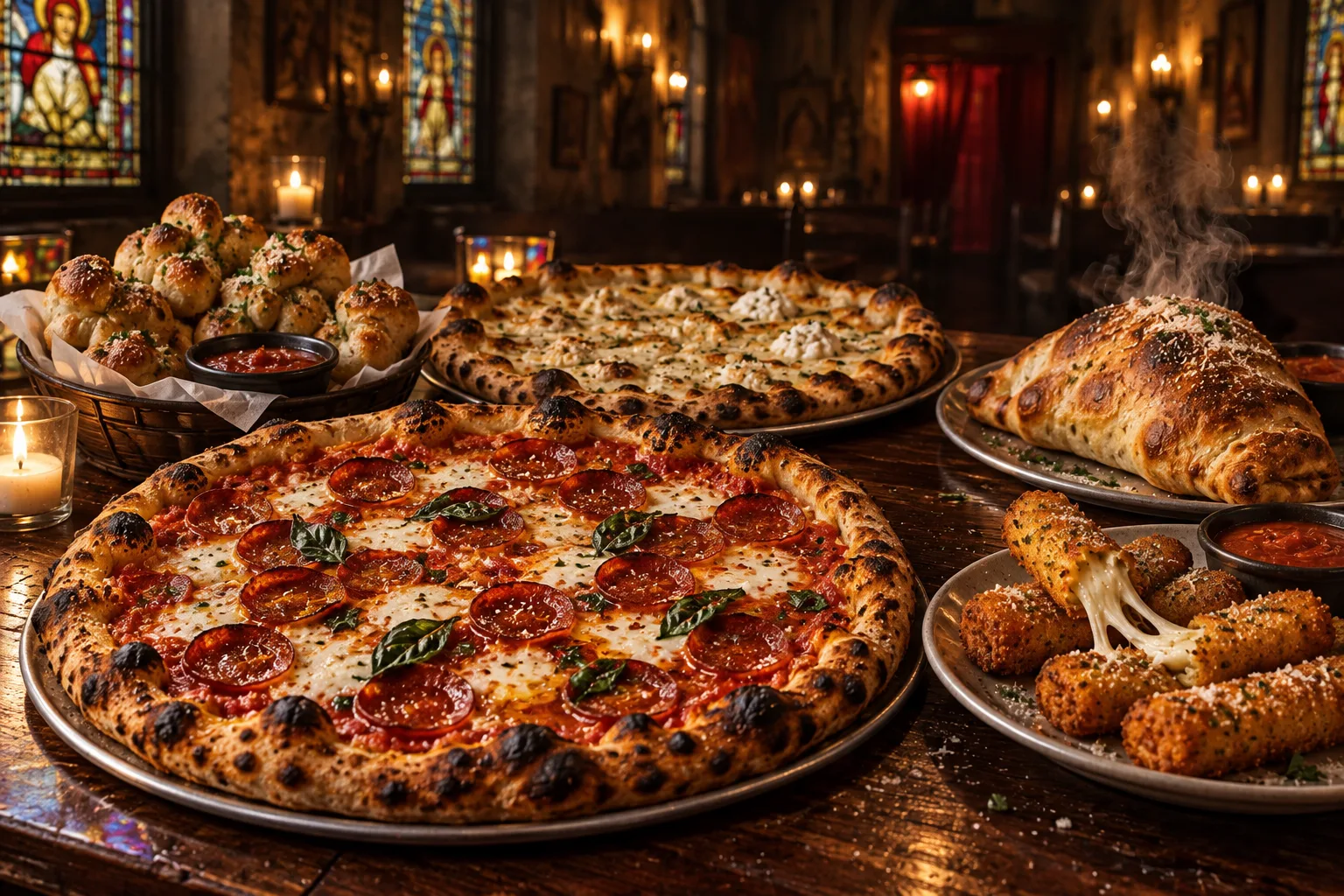 Pepperoni and white pizzas surrounded by garlic knots, mozzarella sticks, and a steaming calzone