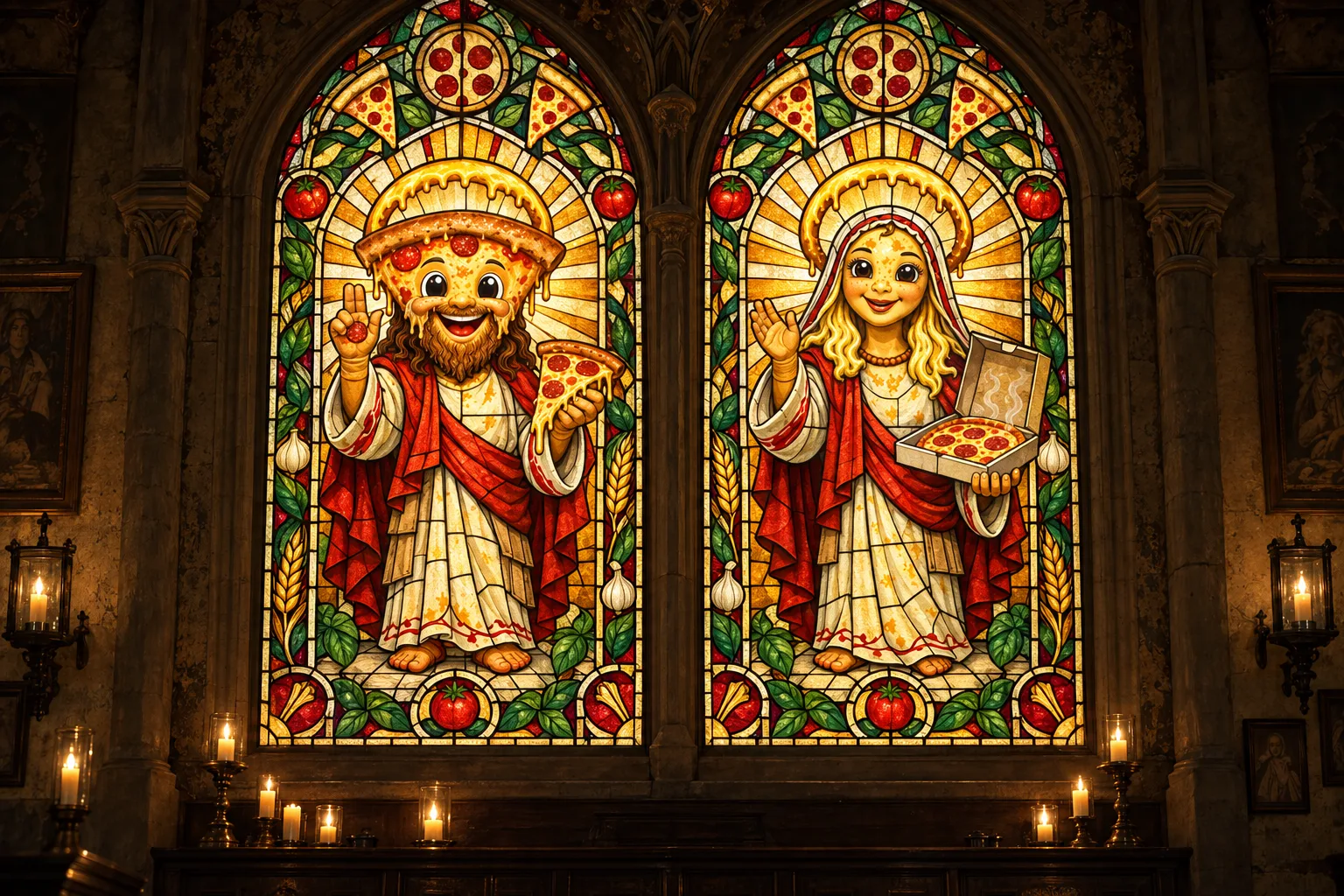 Lord Cheezus and Saint Mozzarella in stained glass