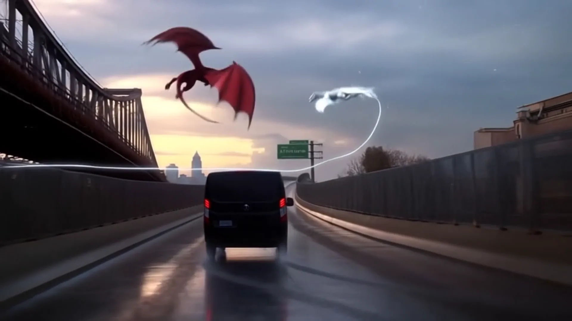Red and silver dragons over the BQE